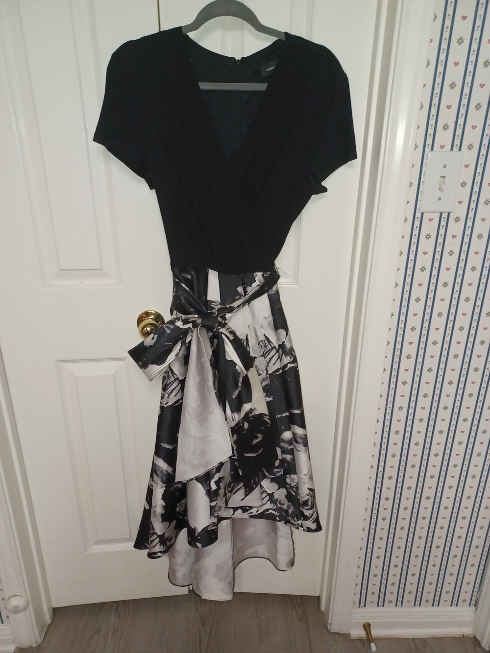 R&M Richards Black Top with Black & White Floral High-Low Skirt Dress